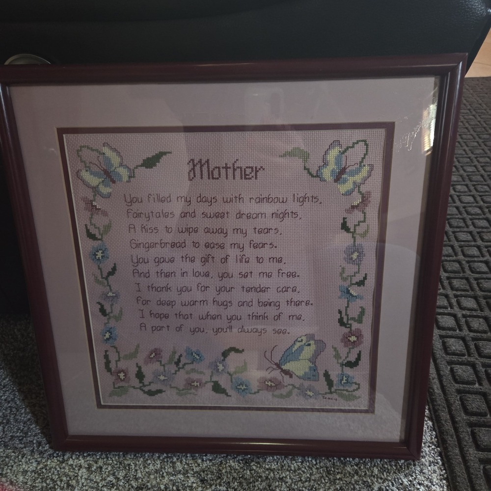 Vintage Mother Poem Cross Stitch Framed Art - Butterflies Flowers Sampler
